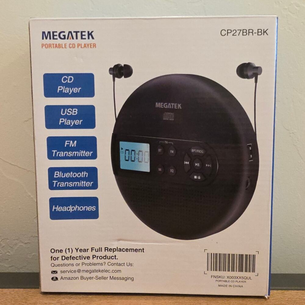 MEGATEK Portable CD Player CP27BR-BK Bluetooth FM USB Headphones New